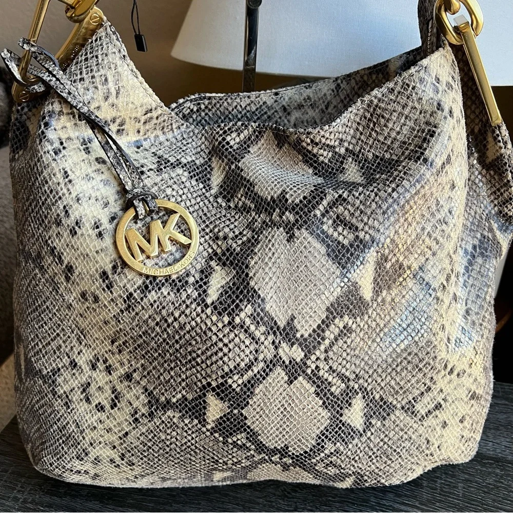 Michael Kors Ines Snake Print Leather Metal Chain Hobo Retail $498